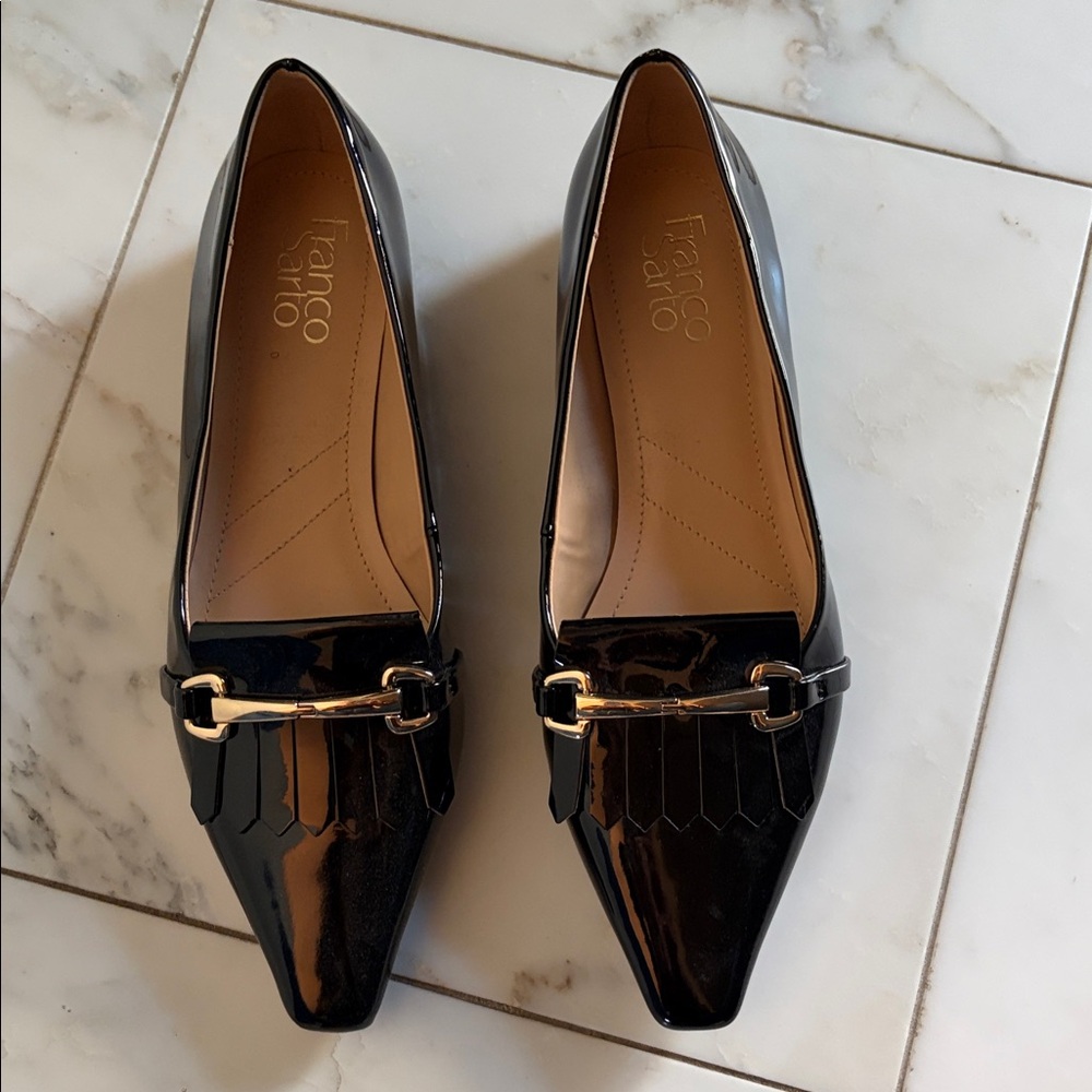 Franco Sarto Black Patent Loafers with Gold Accent